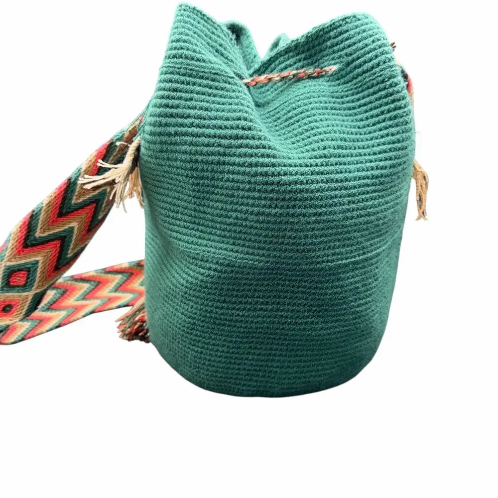 Wayuu Mochila Bag Aqua and pink Handmade Colombian Woven Tassel Strap